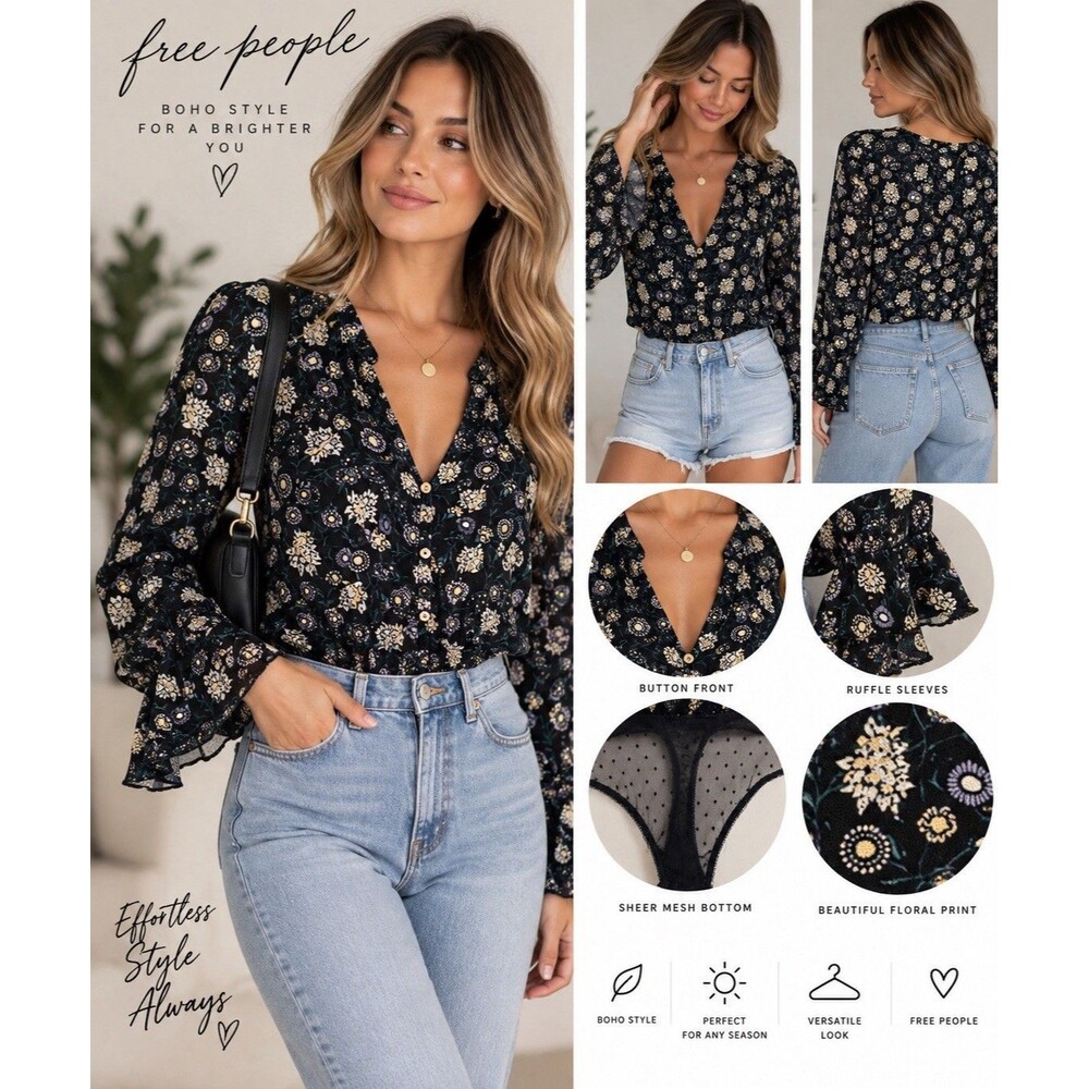 Free People Black Floral Button Front Ruffle Sleeve Sheer Bodysuit Size M